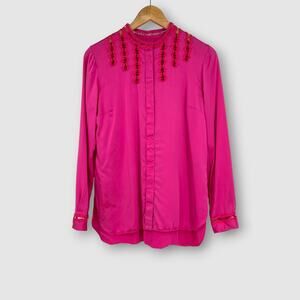 Elie Tahari Hot Pink Silk Lace Detail Blouse Button Front Blouse Medium